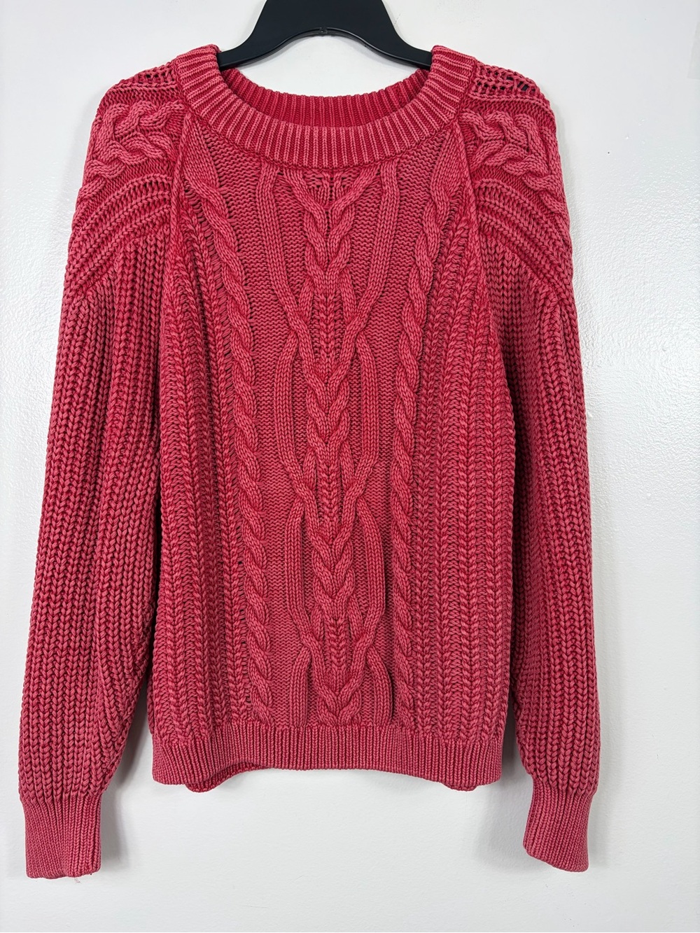 Free People Frankie Cotton Cable Knit Crewneck Sweater in Sour Cherry XL - Picture 2 of 7